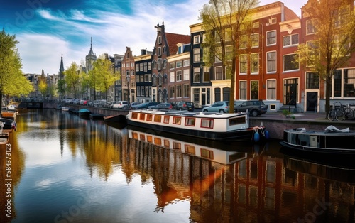 Channel in Amsterdam Netherlands houses river Amstel landmark, Generative AI.