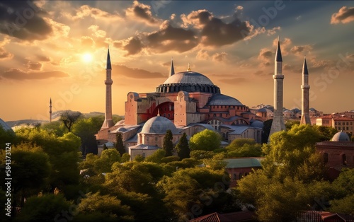 Hagia Sophia domes and minarets in the old town of Istanbul, Turkey, on sunset, Generative AI.