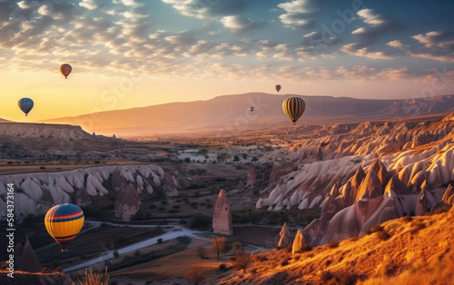 Hot air balloons and Red valley at sunset in Goreme, Cappadocia in Turkey, Generative AI.
