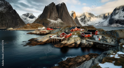 Beautiful view of scenic Lofoten Islands archipelago winter scenery, Norway, Scandinavia, Generative AI.