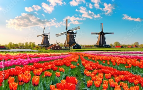 Landscape with tulips, traditional dutch windmills in Netherlands, Europe, Generative AI.