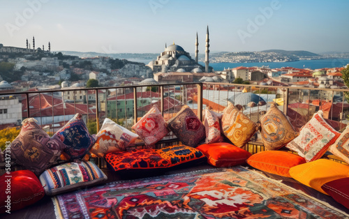 Great panoramic view of Istanbul from high terrace decorated traditional colorful ornamental pillows, Generative AI.