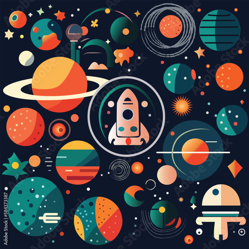 Space pattern design with rocket and planet