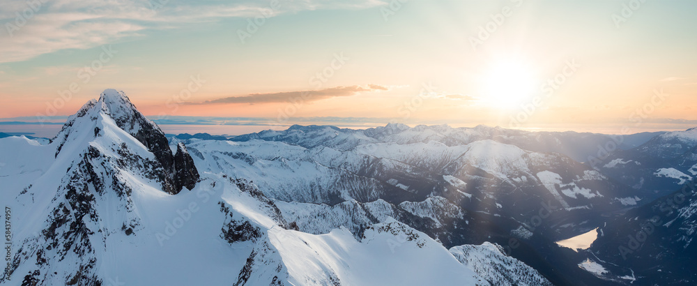 Fototapeta premium Aerial Panoramic View of Canadian Mountain Landscape. Squamish, British Columbia, Canada. Nature Background Panorama. Sunset Sky Art Render