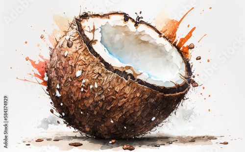 A drawn coconut on white background watercolor fruits organic food illustrations Generative AI photo