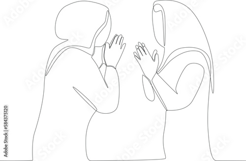 Two muslimah greting each other. Silaturahim one-line drawing