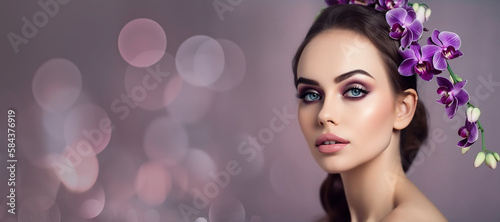 Beautiful girl with Orchid Flowers in her hair. Beauty Woman Face, Professional makeup, generative AI tools 