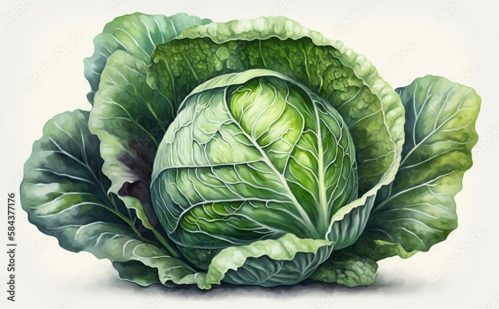 Fototapeta premium A drawn cabbage on white background watercolor vegetable organic food illustrations Generative AI