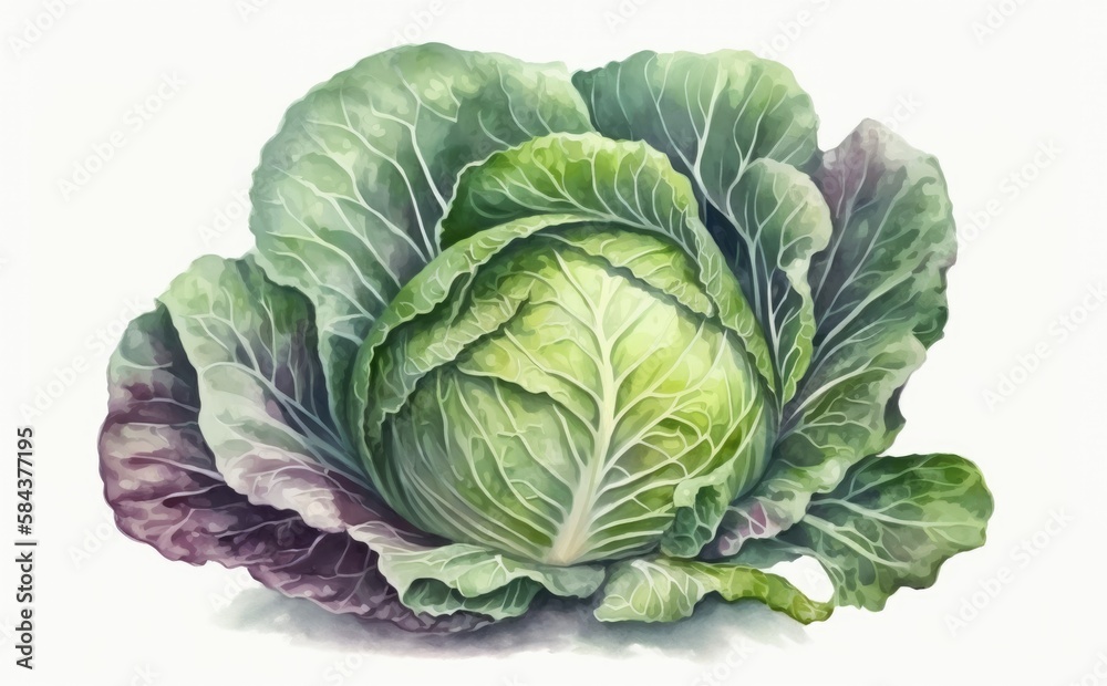 Fototapeta premium A drawn cabbage on white background watercolor vegetable organic food illustrations Generative AI