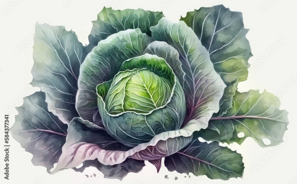 Obraz premium A drawn cabbage on white background watercolor vegetable organic food illustrations Generative AI