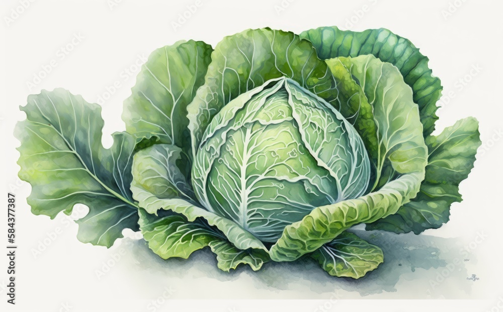A drawn cabbage on white background watercolor vegetable organic food illustrations Generative AI A drawn cabbage on white background watercolor vegetable organic food illustrations Generative AI