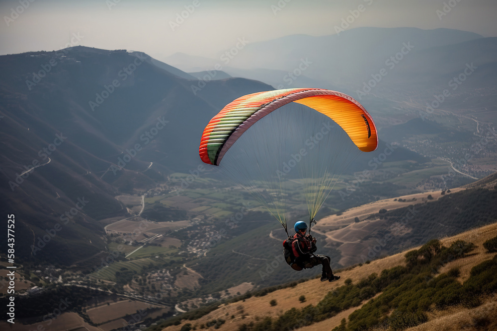 Persona volando en un parapente con cometa de muchos colores, con paisaje de montaña de fondo. IA generative Persona volando en un parapente con cometa de muchos colores, con paisaje de montaña de fondo. IA generative
