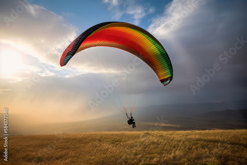 Persona volando en un parapente con cometa de muchos colores, con paisaje de montaña de fondo. IA generative photo