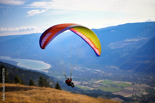 Persona volando en un parapente con cometa de muchos colores, con paisaje de montaña de fondo. IA generative