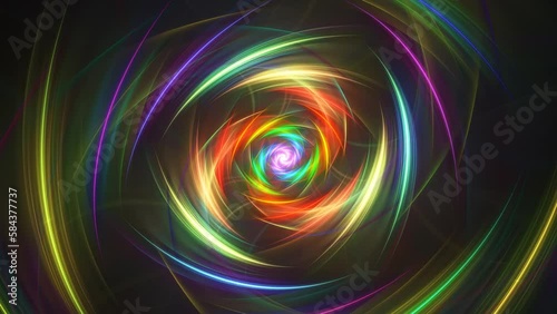Bright fractal shapes radiating, rotating, morphing, making spiral, flower, grid, net, tanglement of varicolored filaments. Spectrum vortex, whirlpool, volute on black background. 4K UHD 4096x2304