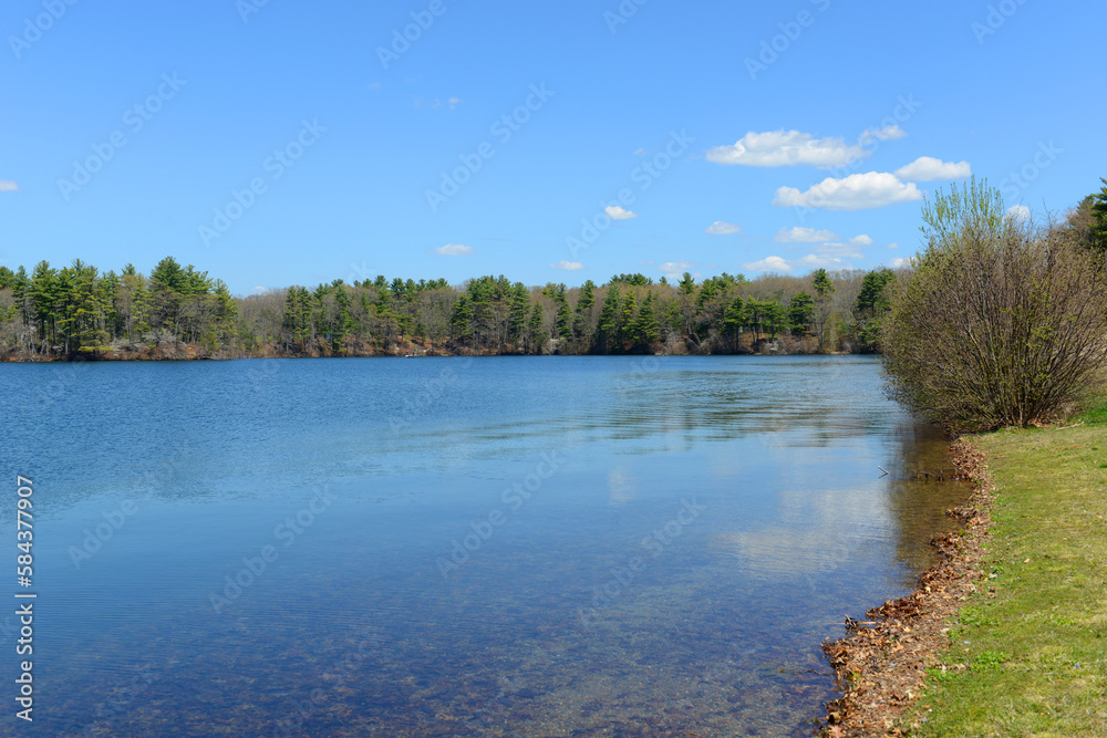 Lake Chaubunagungamaug aka Webster Lake in spring in town of Webster, Massachusetts MA, USA. The original name Lake  is the longest name in US. 