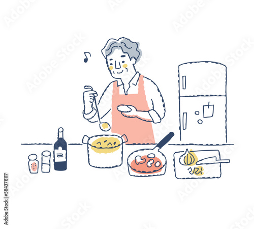 楽しそうに料理をしているシニア男性