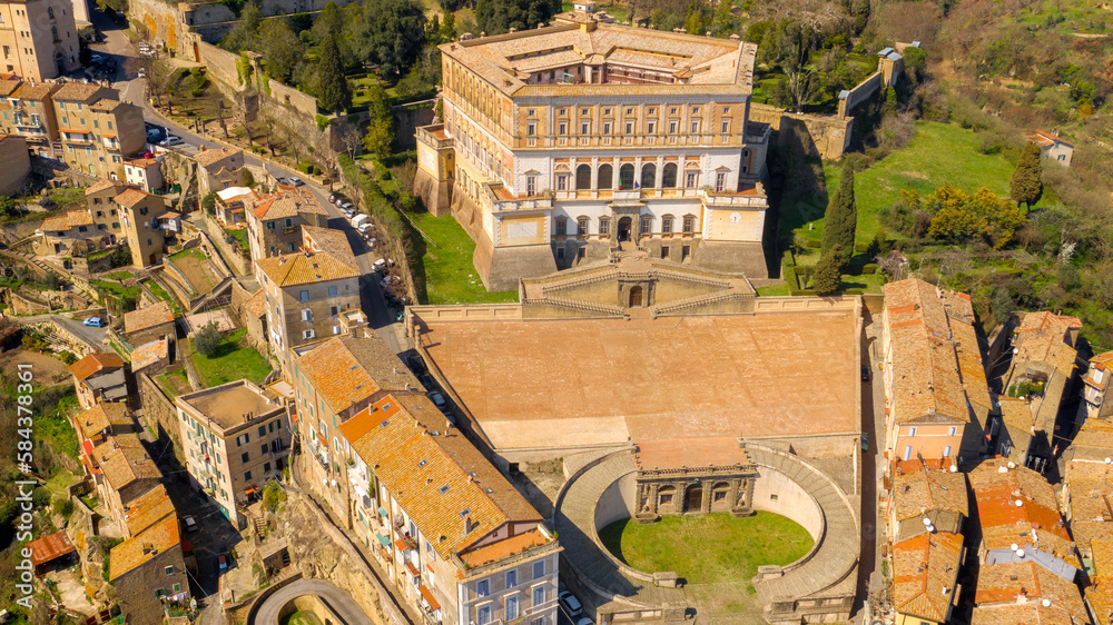 Aerial view of the Villa Farnese, a pentagonal mansion in Caprarola