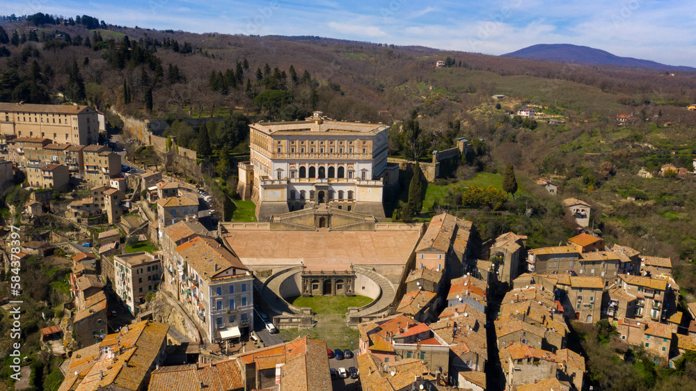 Aerial view of the Villa Farnese, a pentagonal mansion in Caprarola, near Viterbo, Italy. It is a massive Renaissance and Mannerist construction. It is built on a five-sided plan in reddish gold stone