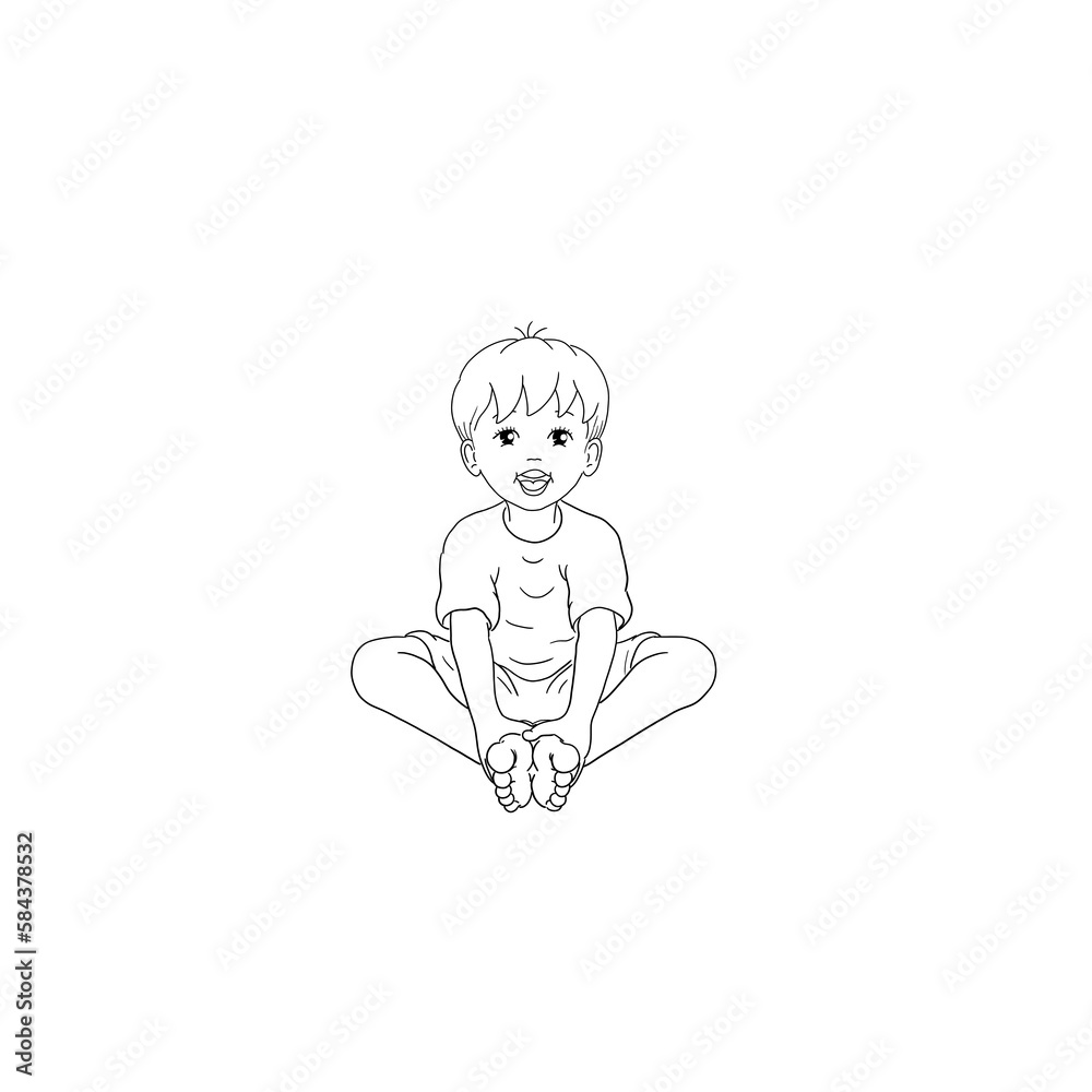 Obraz premium Kids Yoga Joga für Kinder, Asana Schmetterling, Freizeit, Hobby, Achtsamkeit. Junge barfuß in Yoga Haltung, macht fröhliches Gesicht, lächelt, ist entspannt, erholt sich. Freude und Ausgeglichenheit