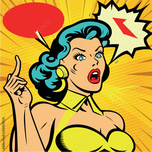 Lady announces and promotes. Pop art retro vector illustration comic cartoon kitsch vintage drawing
