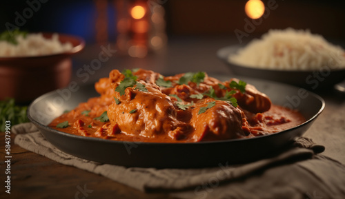 Zesty Chicken Tikka Masala - A classic Indian dish steaming against a dark backdrop