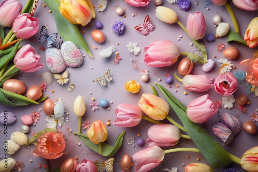 Colorful Easter-Themed Background with Tulips, Butterflies, and Painted Eggs
