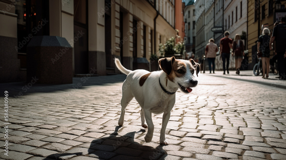 A Jack Russel dog posing on cobblestone street in old town Stockholm, Sweden