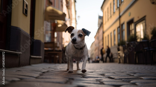 A Jack Russel dog posing on cobblestone street in old town Stockholm, Sweden
