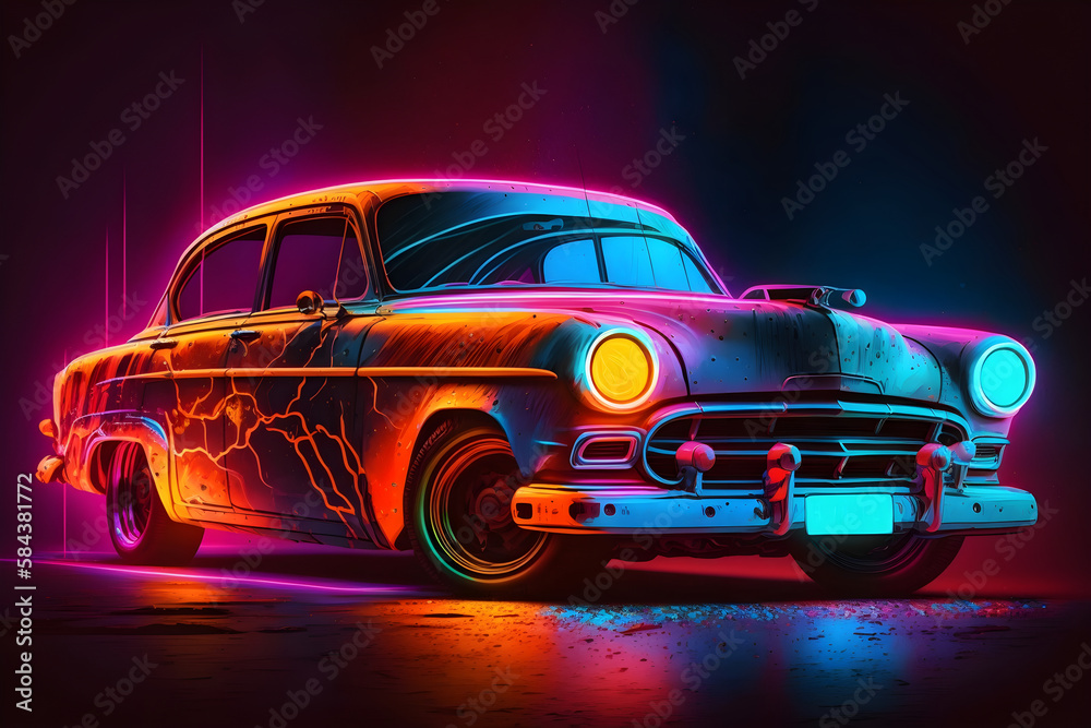 Digital painting of a car with neon lights