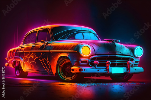 Digital painting of a car with neon lights © Generative Ai