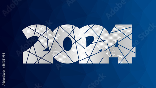 2024 vector icon with lines and world map. Abstract triangle blue pattern. Element for business, web design, new year, infographic illustration
