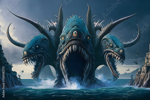 Multiple head sea monster fantasy 3D illustration digital art landscape wallpaper © Generative Ai