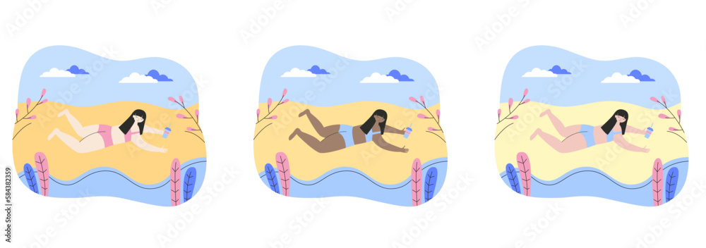 A flat vector illustration of a girl lying on the beach and holding a drink in her hand A flat vector illustration of a girl lying on the beach and holding a drink in her hand