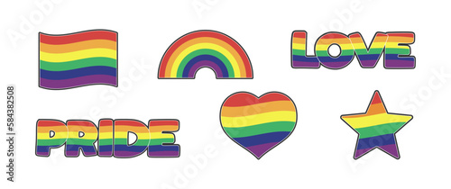 LGBTQ  stickers with rainbow flag, star and heart shapes. Pride month symbols and slogan. Gay parade icons. 