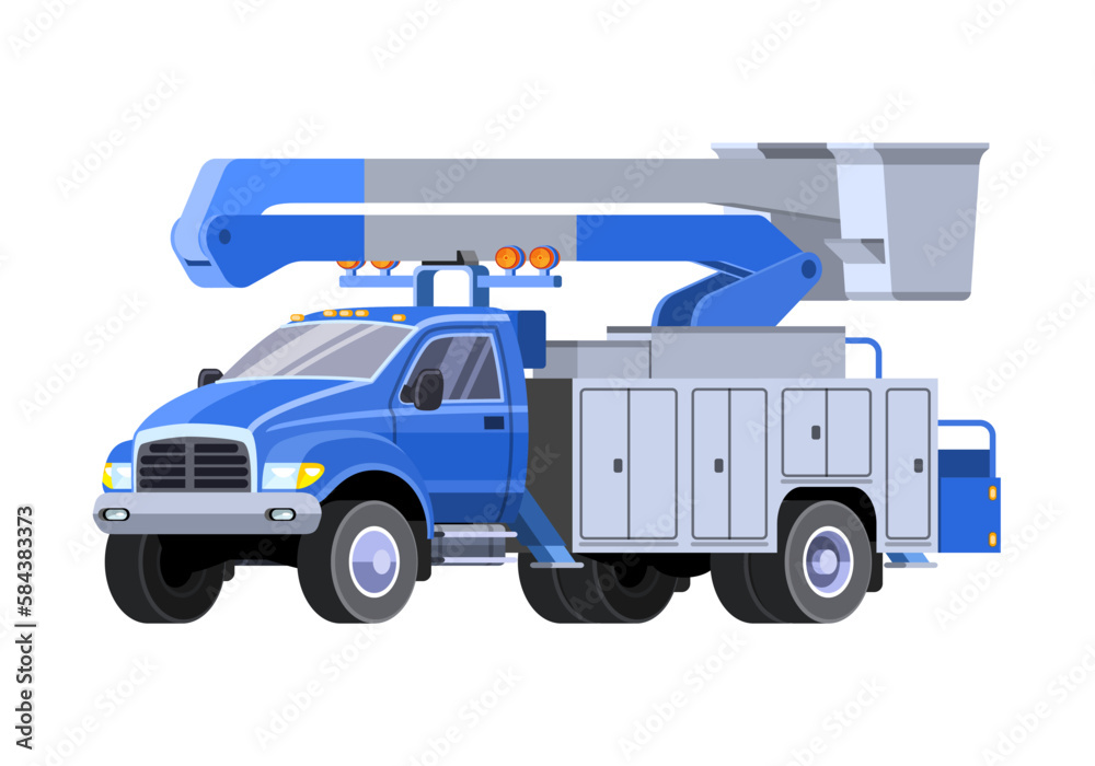 Minimalistic modern bucket truck front side view. Aerial work basket vehicle. Vector clip art of cherry picker on white background.