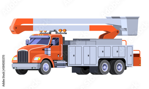Minimalistic modern bucket truck front side view. Aerial work basket vehicle. Vector clip art of cherry picker on white background.