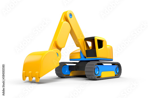 Toy style excavator on tracked frame. Three dimensional raster graphic illustration on transparent background. 3d image