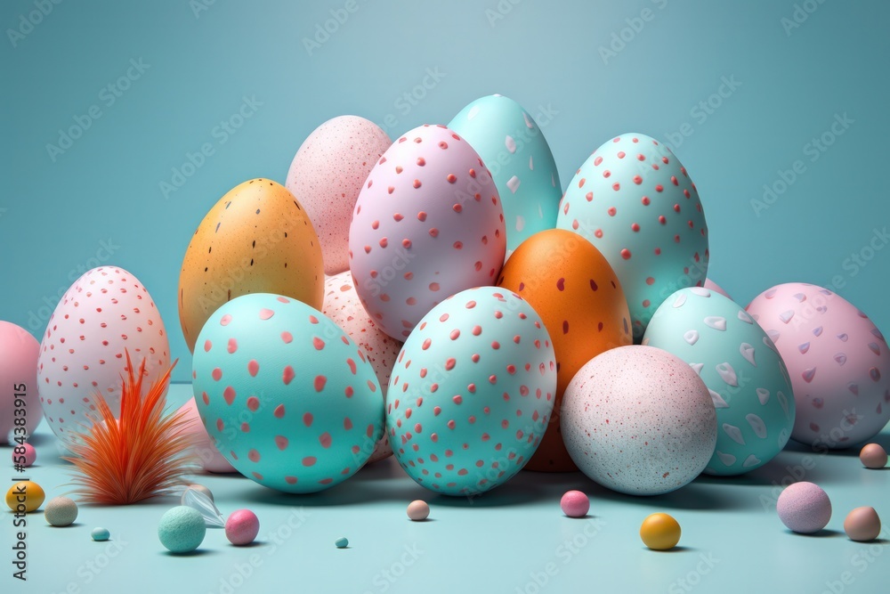 Colorful Easter Eggs on Pastel Blue Background 3D Rendered with Playful Design and Realistic Texture