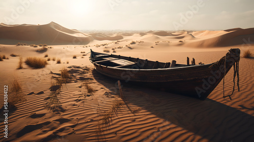 boat in the desert, dry rivers, generative ai