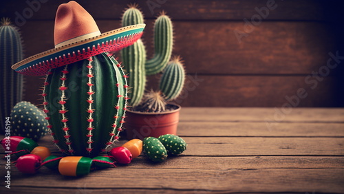 Cinco de Mayo background for mexico independence celebration with Mexican cactus and party sombrero hat.  Generative AI.