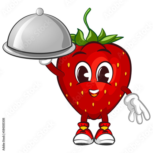 mascot character vector illustration of a strawberry serving a dish