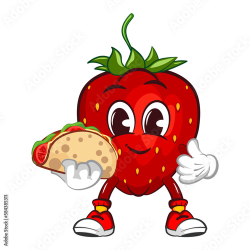 mascot character vector illustration of a strawberry carrying a taco