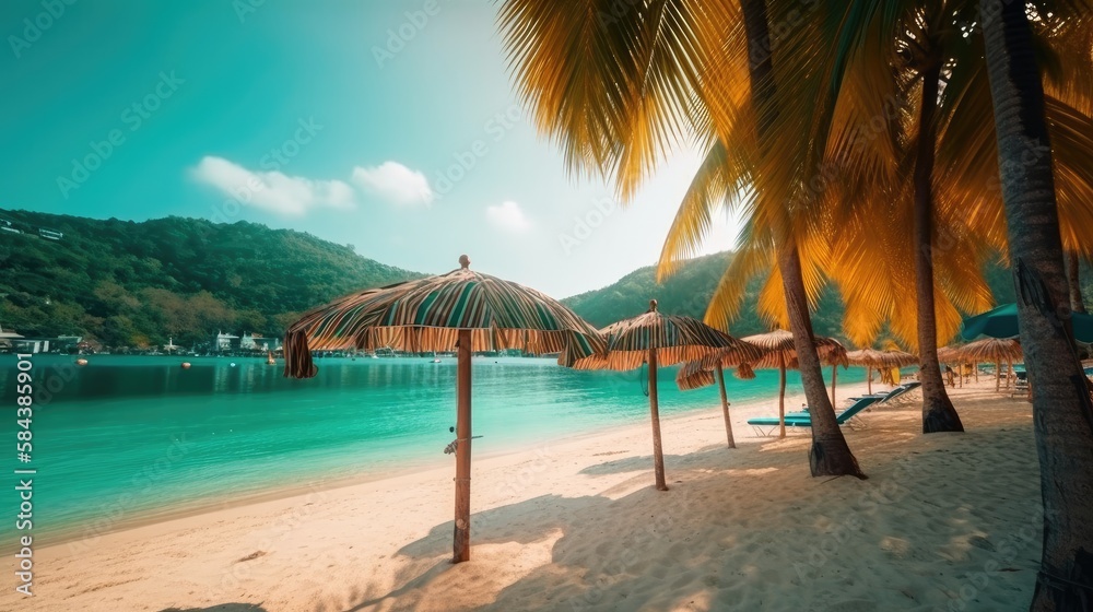 Soak Up the Sun: A Stunning Beach Scene with Swinging Hammocks and Blue Waters, AI Generative