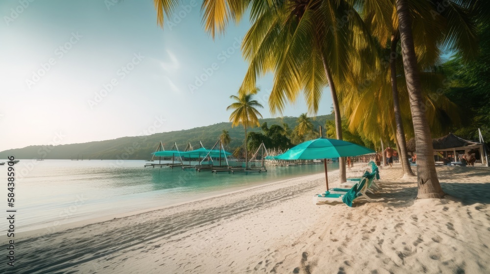 Tropical Treasure: A Hidden Gem Beach with Towering Palms and Vibrant Umbrellas, AI Generative