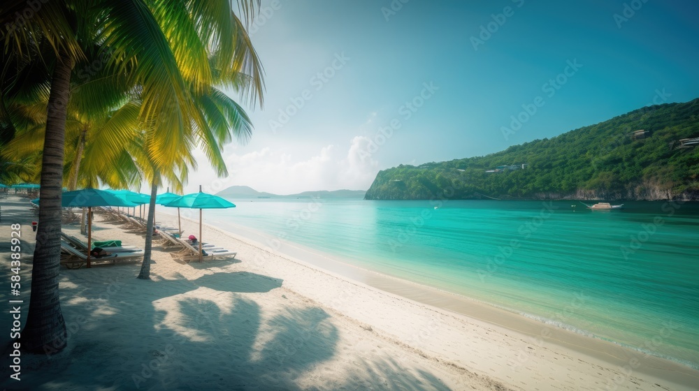 Tropical Hideaway: A Beautiful Beach with Towering Palms and Clear Turquoise Waters, AI Generative