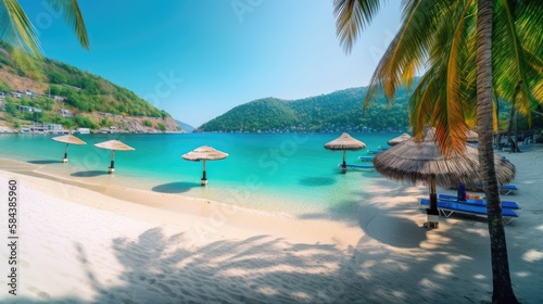 Beachside Beauty: A Majestic Beach with Sparkling Waters and Vibrant Palms, AI Generative © NikoArakelyan