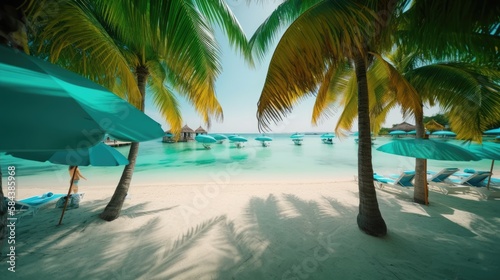 Tropical Tranquility  A Soothing Beach with Calm Waters and Vibrant Palms  AI Generative 