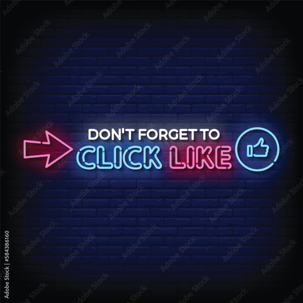 Neon Sign click like with brick wall background vector