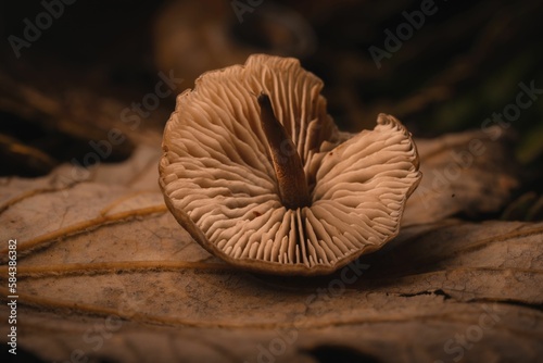 Close-up shot of a gymnopus mushroom on an autumn golden leaf photo